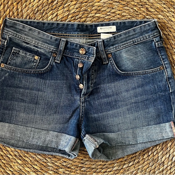 H&M denim shorts. Sz 6. Button fly. Loose fit waist and legs. Sewn cuff at hem. - Picture 1 of 2
